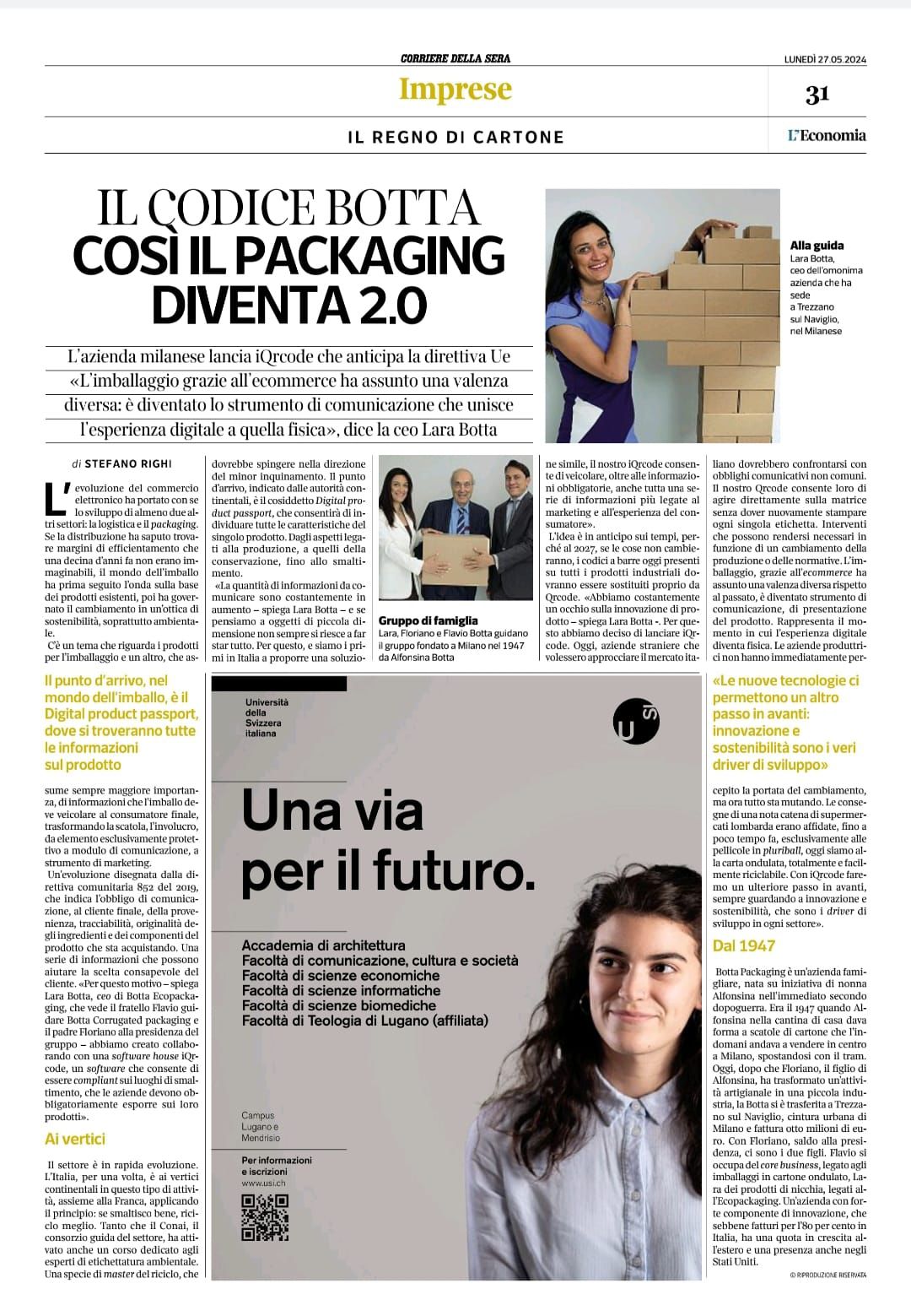 BOTTA EcoPackaging was featured in Corriere della Sera with iQRcode